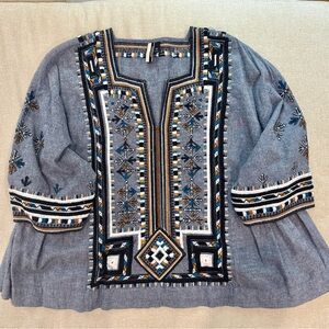 Topshop Bohemian Embroidered Blue Printed Short Sleeve Top US 2/4 - Small